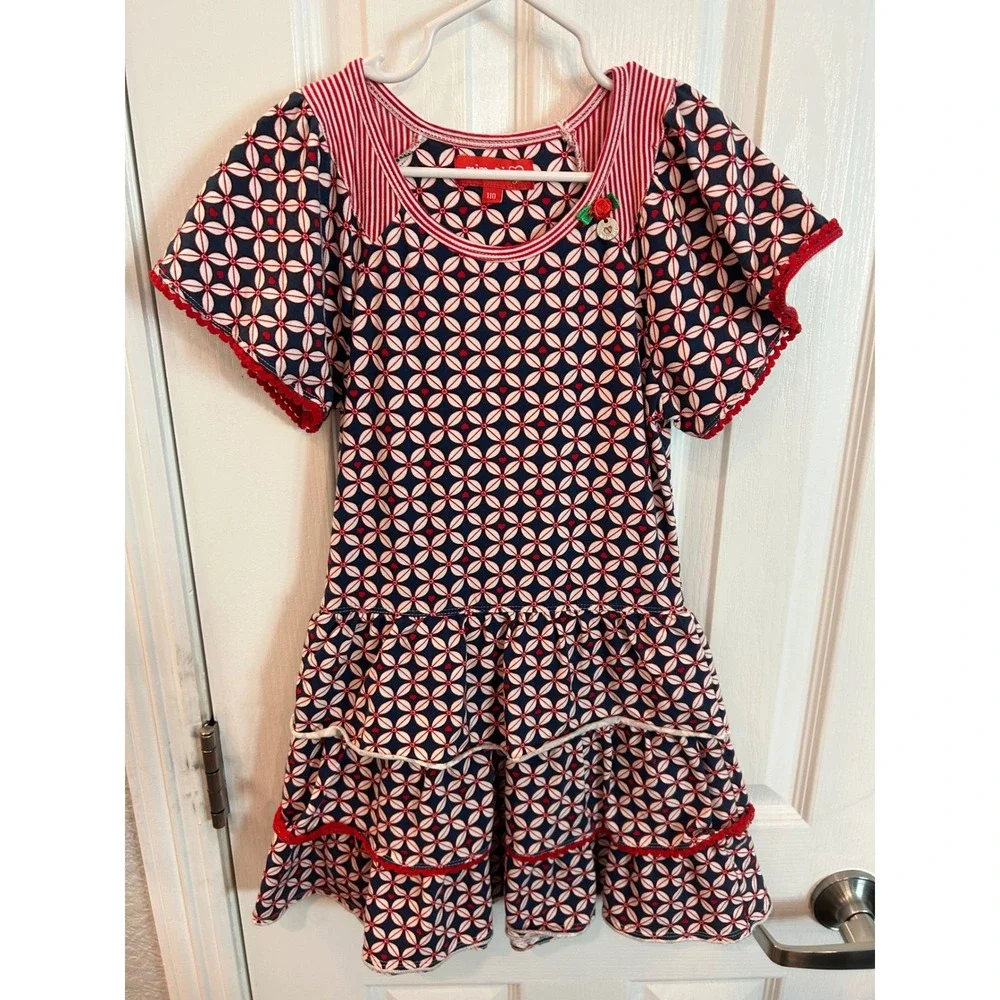Mim-Pi Dress Navy Red Geometric Floral Heart Tiered Ruffle Flutter Sleeve 110
